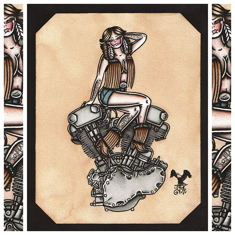 American Traditional tattoo flash sexy Harley-Davidson Knucklehead engine pinup spitshade painting.