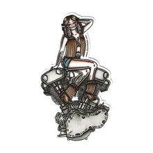 Load image into Gallery viewer, American Traditional tattoo flash illustration Knucklehead Engine Pinup watercolor sticker.

