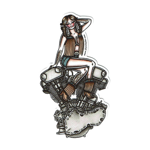 American Traditional tattoo flash illustration Knucklehead Engine Pinup watercolor sticker.