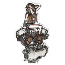 Load image into Gallery viewer, American Traditional tattoo flash sexy Harley Davidson motorcycle vintage Knucklehead engine pinup sticker.
