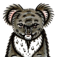 Load image into Gallery viewer, American traditional tattoo flash wildlife illustration Koala Bear ink and watercolor painting.
