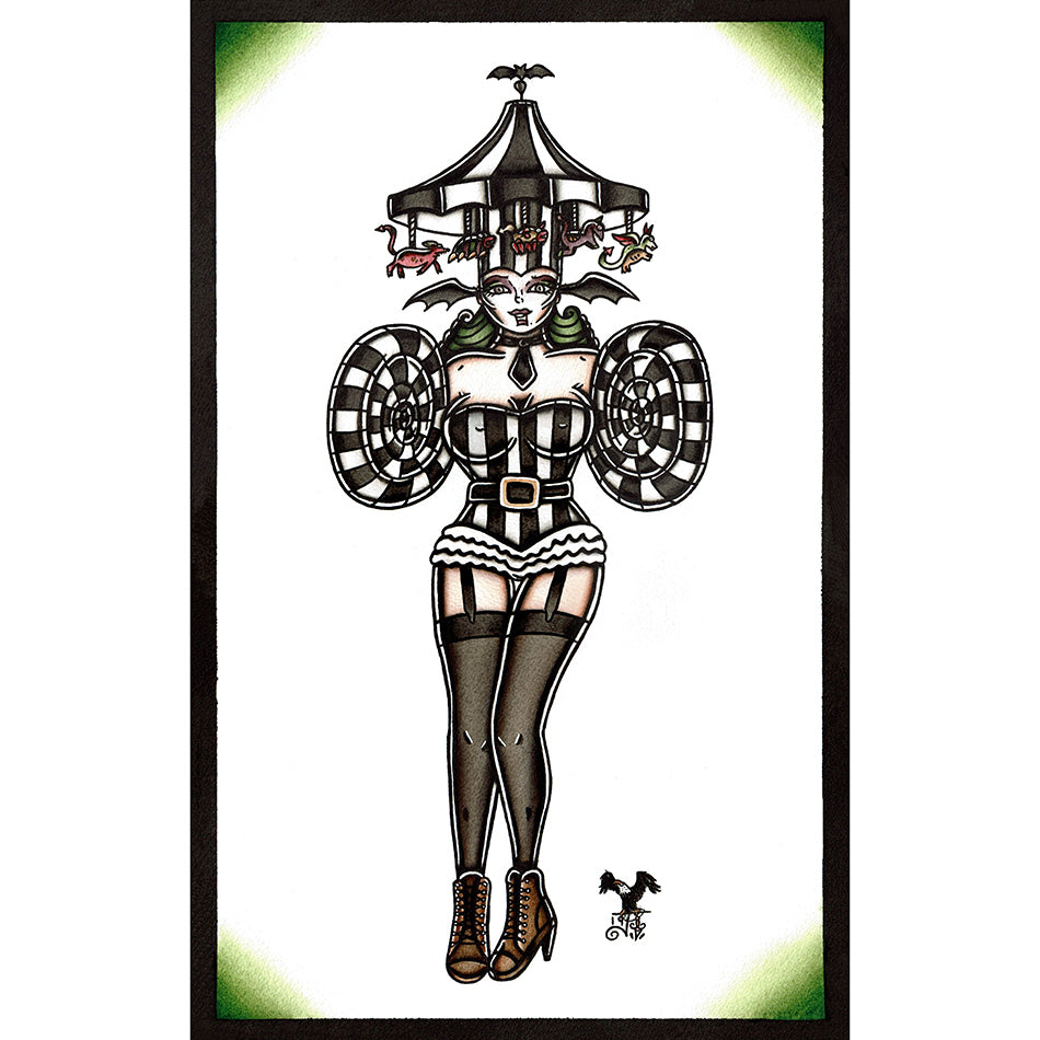 American Traditional tattoo flash Lady Beetlejuice Pinup watercolor painting.