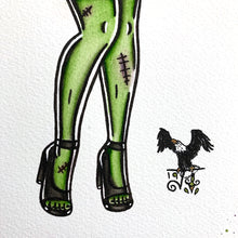 Load image into Gallery viewer, American Traditional tattoo flash Frankenstein Pinup watercolor painting.
