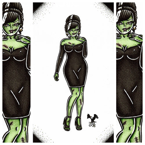 American Traditional tattoo flash Frankenstein Pinup watercolor painting.