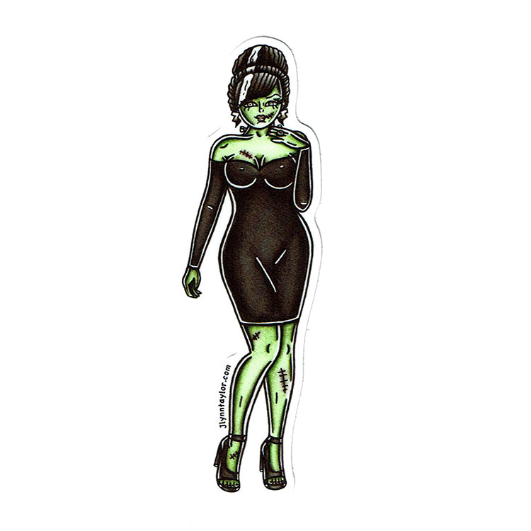 American Traditional tattoo flash Lady Frankenstein Pinup watercolor sticker.