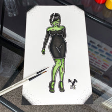 Load image into Gallery viewer, American Traditional tattoo flash Frankenstein Pinup watercolor painting.
