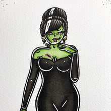 Load image into Gallery viewer, American Traditional tattoo flash Frankenstein Pinup watercolor painting.
