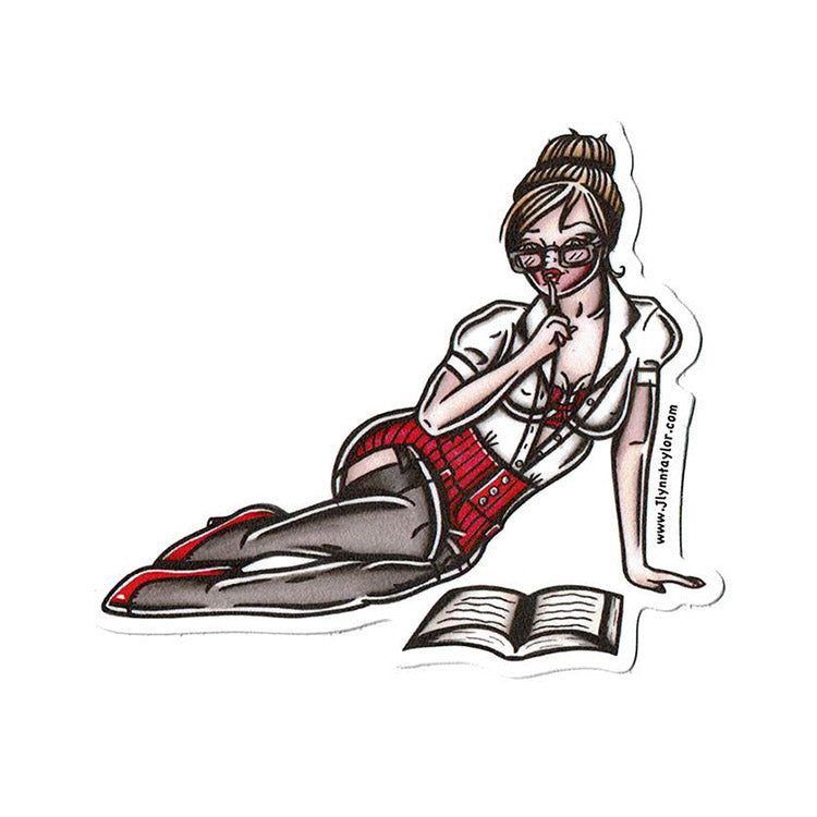 American Traditional tattoo flash sexy reading librarian pinup sticker.