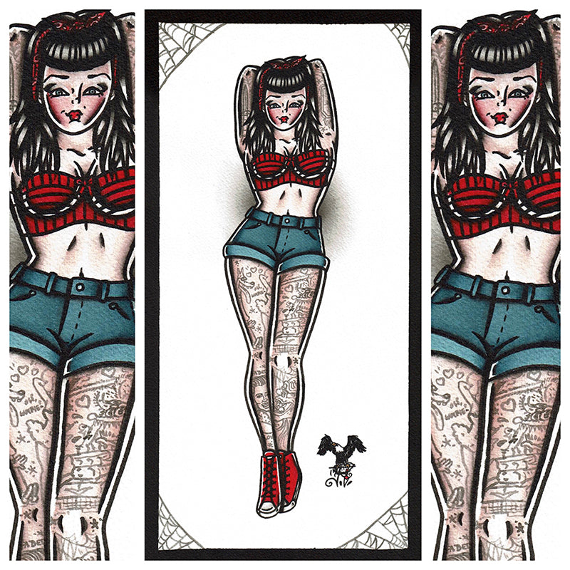American Traditional tattoo flash Rockabilly Pinup watercolor painting.
