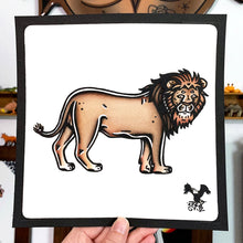 Load image into Gallery viewer, American traditional tattoo flash wildlife illustration African Lion ink and watercolor painting.
