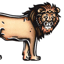 Load image into Gallery viewer, American traditional tattoo flash wildlife illustration African Lion ink and watercolor painting.
