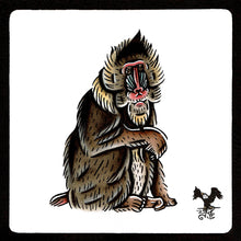 Load image into Gallery viewer, American traditional tattoo flash wildlife illustration Mandrill monkey ink and watercolor painting.
