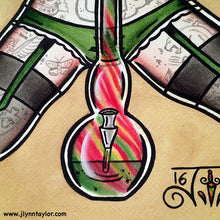 Load image into Gallery viewer, American Traditional tattoo flash sexy 420 maryjane and bong pinup spitshade painting.
