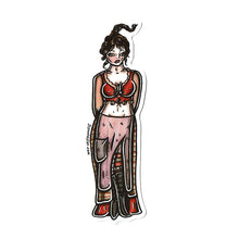 Load image into Gallery viewer, American Traditional tattoo flash Hocus Pocus Mary Sanderson Pinup watercolor sticker. 
