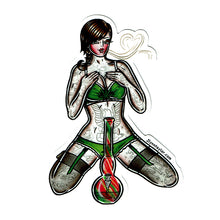 Load image into Gallery viewer, American traditional tattoo flash illustration Maryjane cannabis pinup watercolor sticker.
