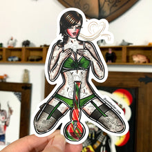 Load image into Gallery viewer, American traditional tattoo flash illustration Maryjane cannabis pinup watercolor sticker.
