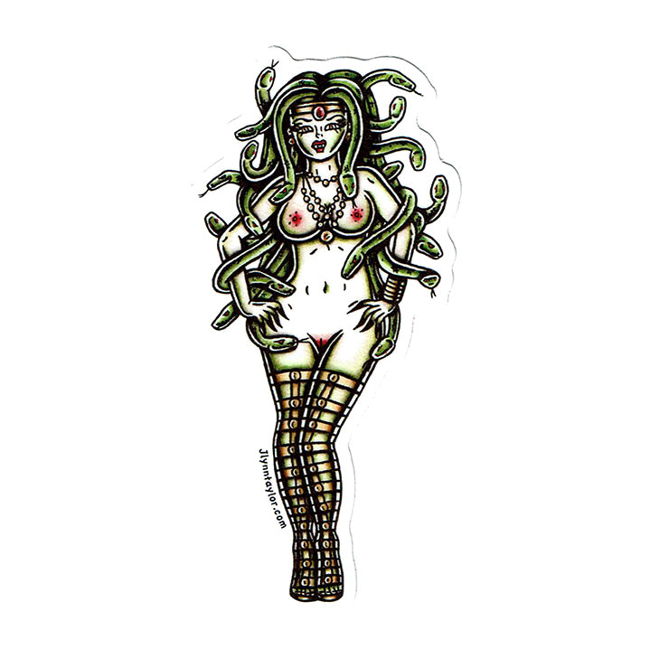 American traditional tattoo flash illustration Medusa Pinup watercolor sticker.