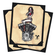 Load image into Gallery viewer, Tattoo style pinup sitting on top of a Harley Davidson Milwaukee-Eight engine.
