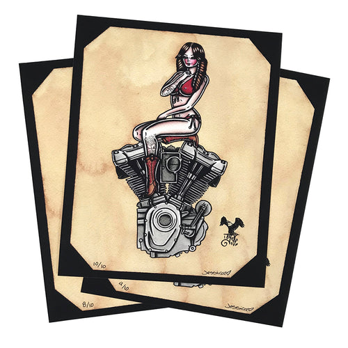 Tattoo style pinup sitting on top of a Harley Davidson Milwaukee-Eight engine.