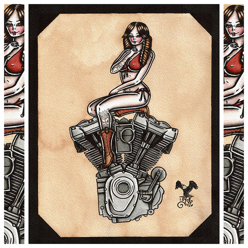 American Traditional tattoo flash sexy Harley-Davidson Milwaukee-Eight engine pinup spitshade painting.