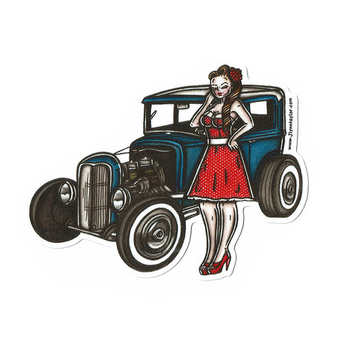 American traditional tattoo flash Ford Model A Pinup watercolor sticker.