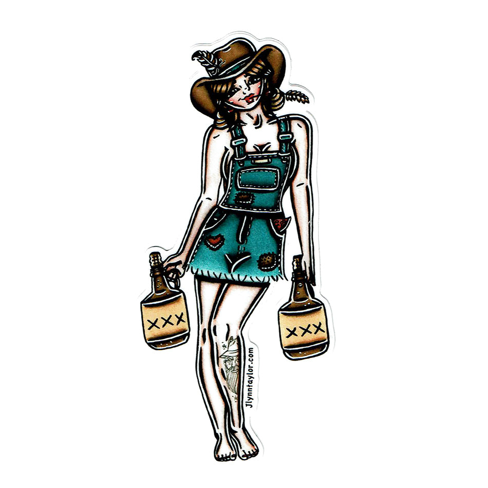 American traditional tattoo flash Hillbilly Moonshiner Pinup sticker.