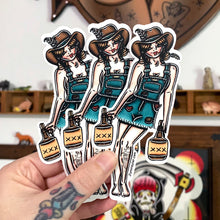 Load image into Gallery viewer, American traditional tattoo flash Hillbilly Moonshiner Pinup sticker.
