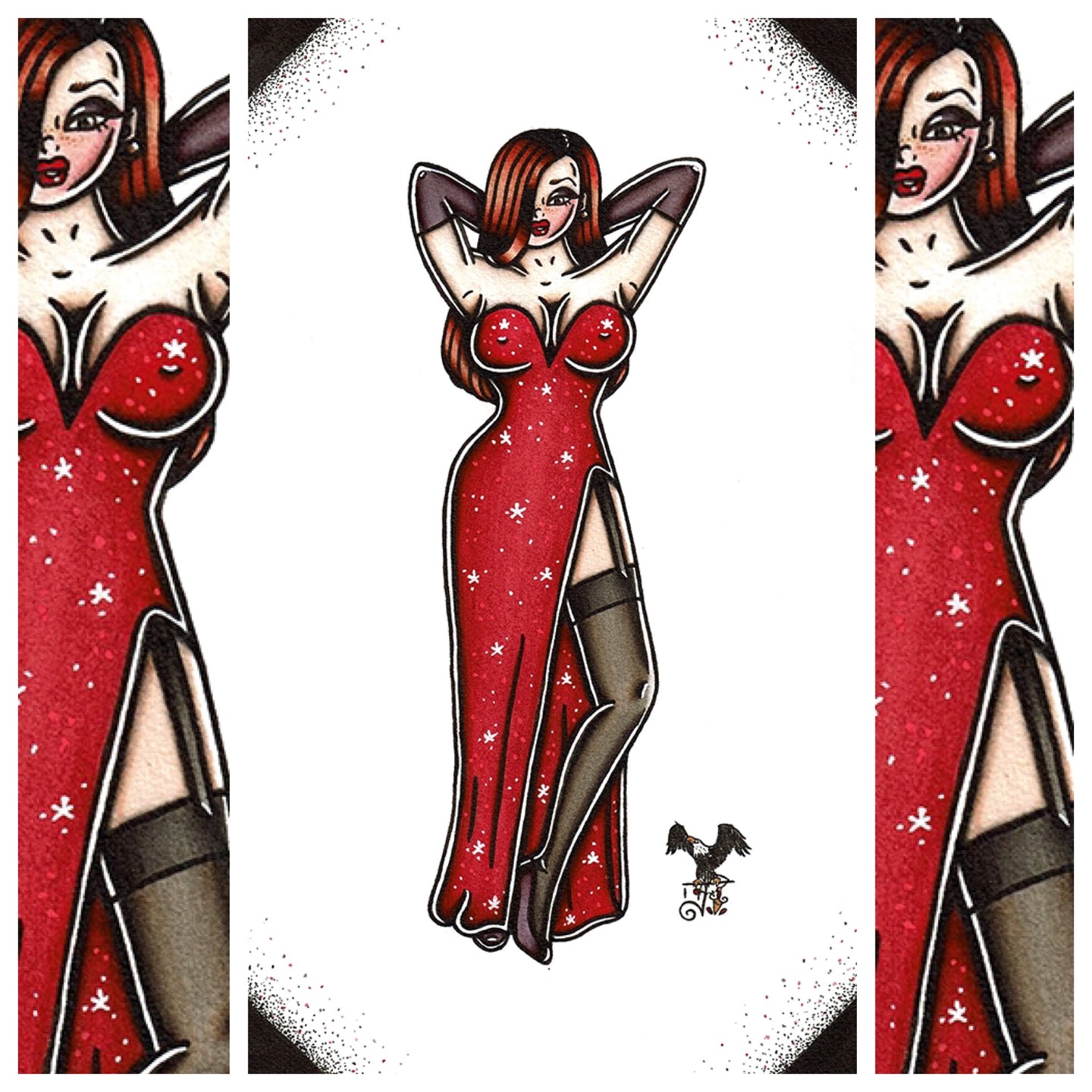 American Traditional tattoo flash Jessica Rabbit Pinup watercolor painting.