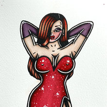 Load image into Gallery viewer, American Traditional tattoo flash Jessica Rabbit Pinup watercolor painting.
