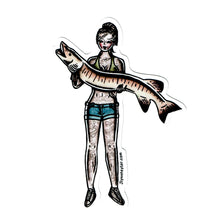 Load image into Gallery viewer, American traditional tattoo flash illustration Muskie Fishing Pinup watercolor sticker.
