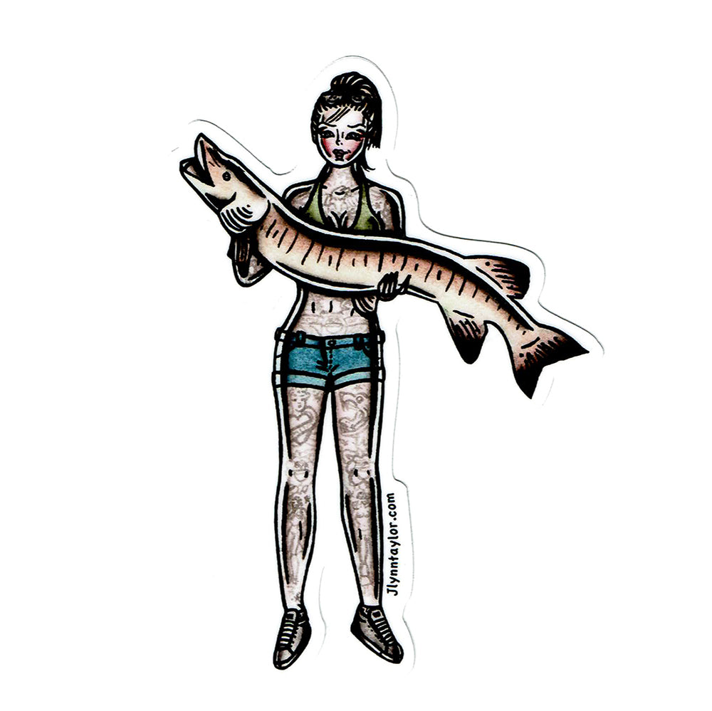 American traditional tattoo flash illustration Muskie Fishing Pinup watercolor sticker.