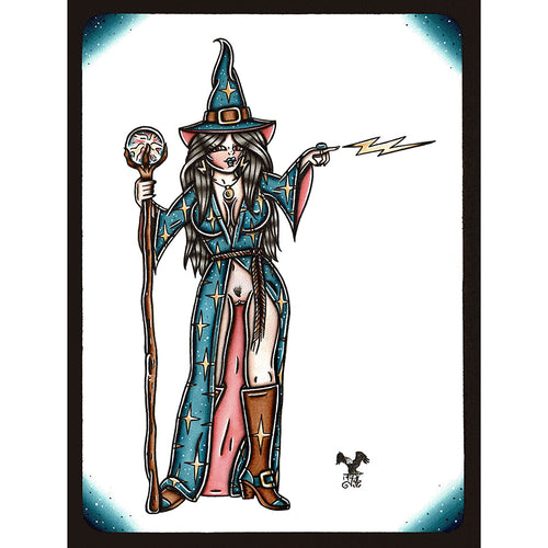 American Traditional tattoo flash illustration Naughty Nude Wizard Pinup painting.