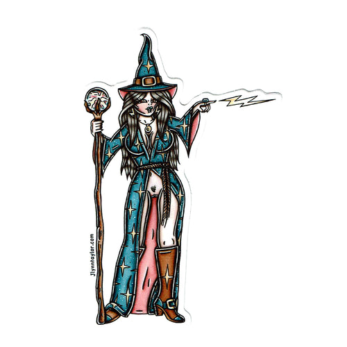 American traditional tattoo flash Naughty Wizard Pinup watercolor sticker.