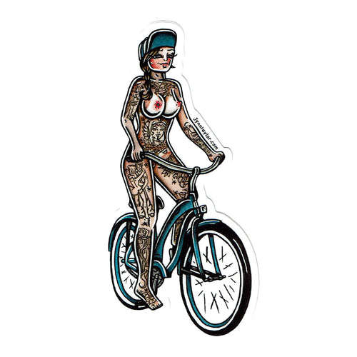 American traditional tattoo flash illustration Nude Beach Cruiser Pinup watercolor sticker.