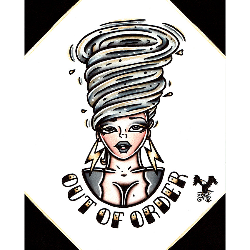 American Traditional Tattoo Flash Tornado Lady Head Pinup Painting.