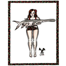 Load image into Gallery viewer, American Traditional tattoo flash Paddlefish Pinup commissioned watercolor painting.

