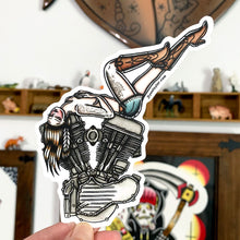 Load image into Gallery viewer, American traditional tattoo flash Harley Motorcycle Panhead Engine Pinup watercolor sticker.
