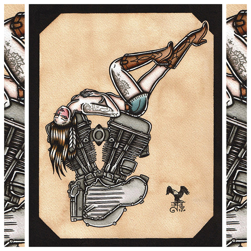 American Traditional tattoo flash sexy Harley-Davidson Panhead engine pinup spitshade painting.