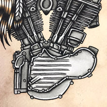 Load image into Gallery viewer, American Traditional tattoo flash sexy Harley-Davidson Panhead engine pinup spitshade painting.
