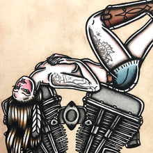Load image into Gallery viewer, American Traditional tattoo flash sexy Harley-Davidson Panhead engine pinup spitshade painting.
