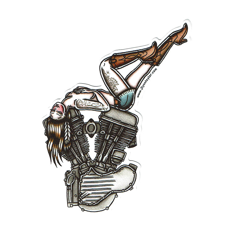 American traditional tattoo flash Harley Motorcycle Panhead Engine Pinup watercolor sticker.