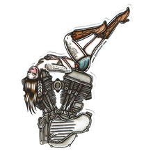 Load image into Gallery viewer, American Traditional tattoo flash sexy Harley Davidson motorcycle vintage Panhead engine pinup sticker.
