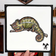 Load image into Gallery viewer, American traditional tattoo flash wildlife illustration Panther Chameleon ink and watercolor painting.
