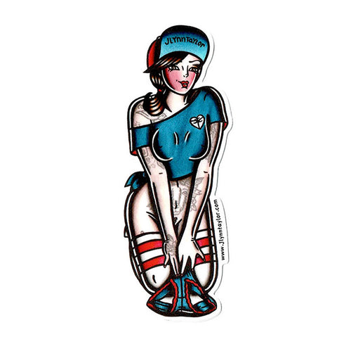 American traditional tattoo flash Panty Dropper Skateboard Pinup watercolor sticker.