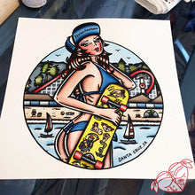Load image into Gallery viewer, American Traditional tattoo flash  Santa Cruz Skateboard Pinup Dot watercolor painting.
