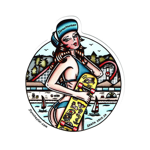 American traditional tattoo flash Santa Cruz Beach Boardwalk Skateboard  Pinup watercolor sticker.