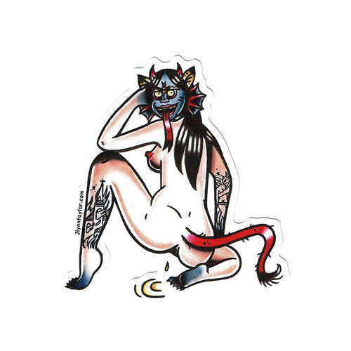 American traditional tattoo flash nude Piss Demon Pinup watercolor sticker.