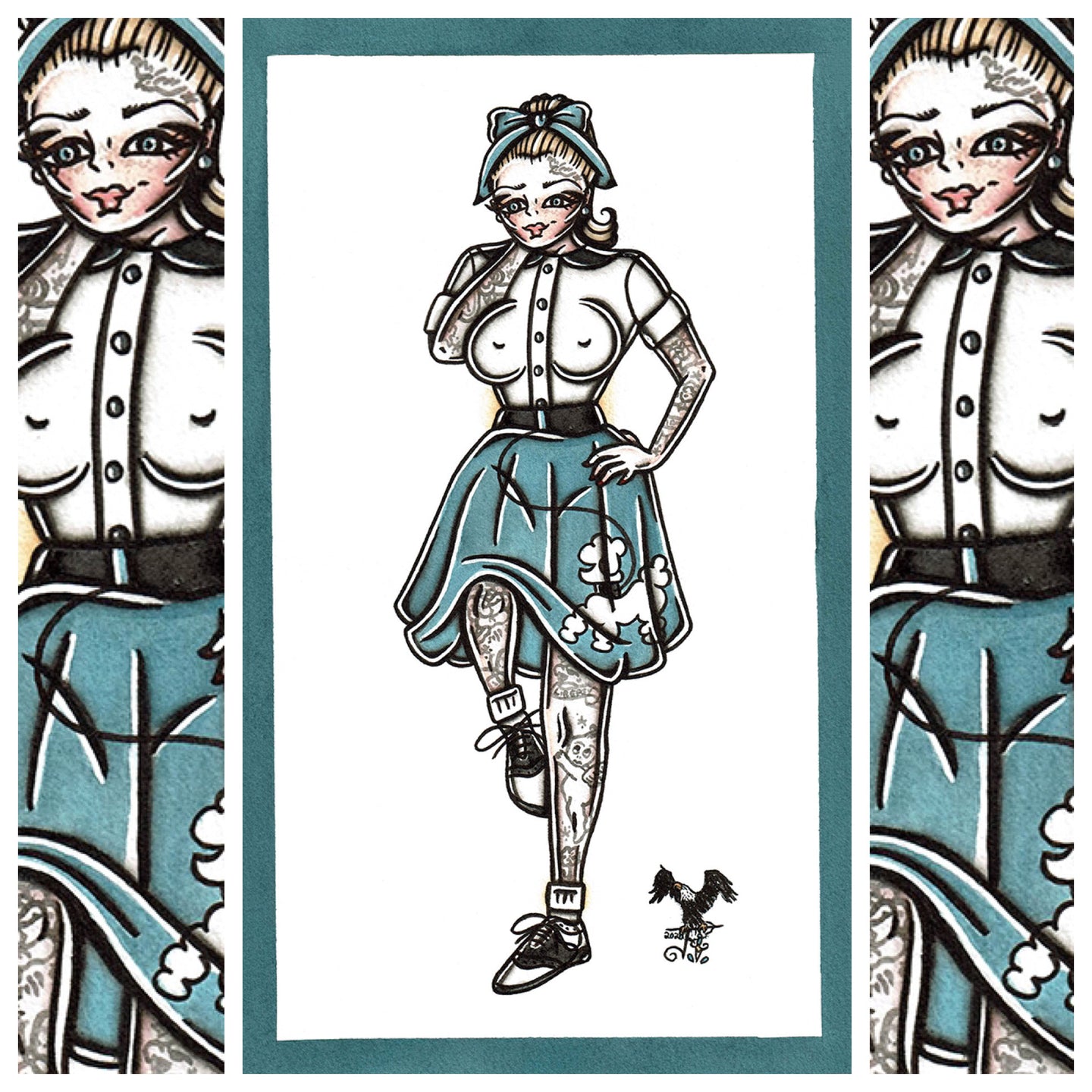 American traditional tattoo flash sexy 1950s poodle skirt pinup spitshade painting.