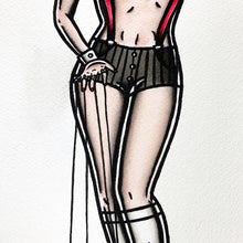 Load image into Gallery viewer, American traditional tattoo flash sexy topless puppeteer pinup print.
