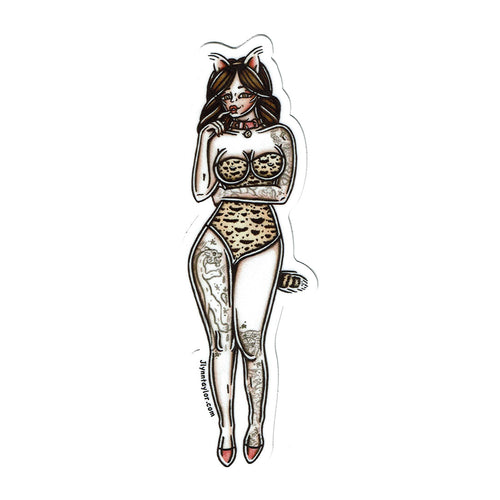 American traditional tattoo flash Pussycat Pinup watercolor sticker.